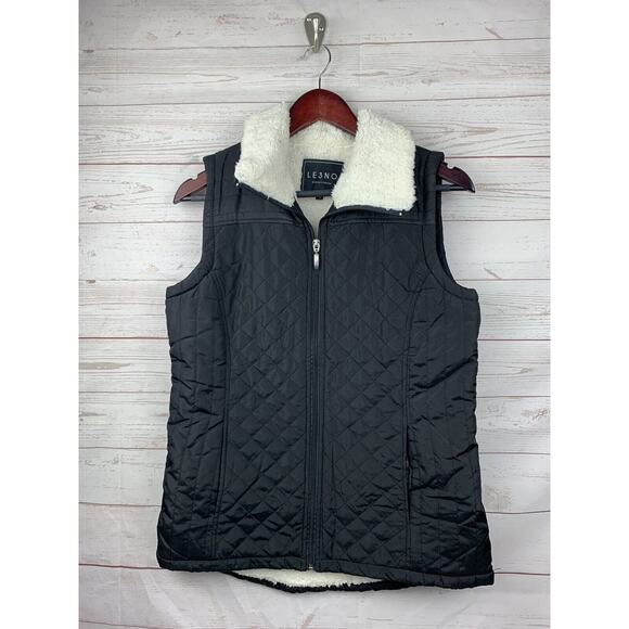 LE3NO‎ Vest womens small quilted puffer Black full zip Sherpa lined Outdoors - Picture 1 of 5